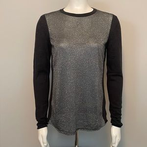 Tory Burch Silver Metallic and Dark Gray Wool Blend Crew Neck Sweater